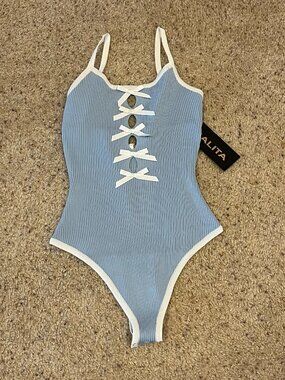 NWT Women's Galita Fashion Blue w/ White Bows Bodysuit Size S